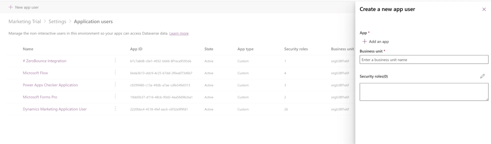 Microsoft Dynamic 365’s Create a new app user pop-up menu.