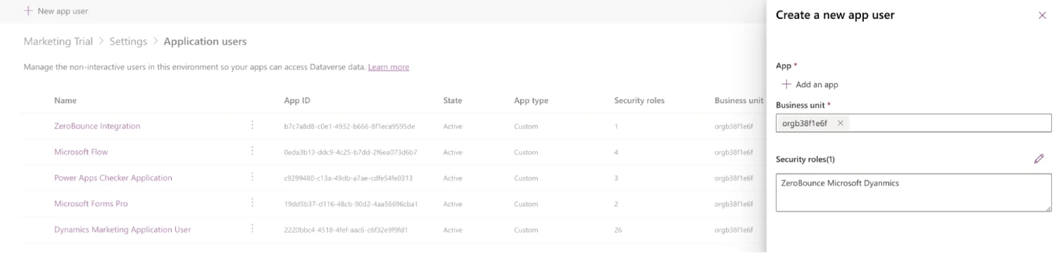 Microsoft Dynamics 365’s Create a new app user menu with the value ‘ZeroBounce Microsoft Dynamics’ entered as the security role.