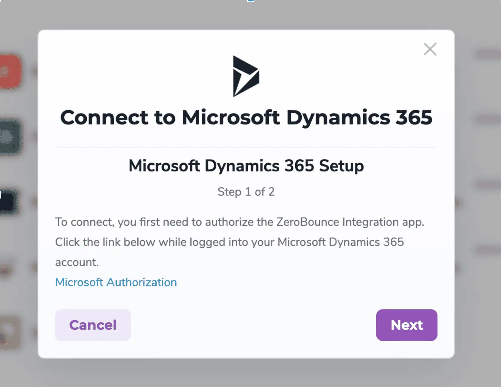 A ‘step 1’ ZeroBounce integrations pop-up.