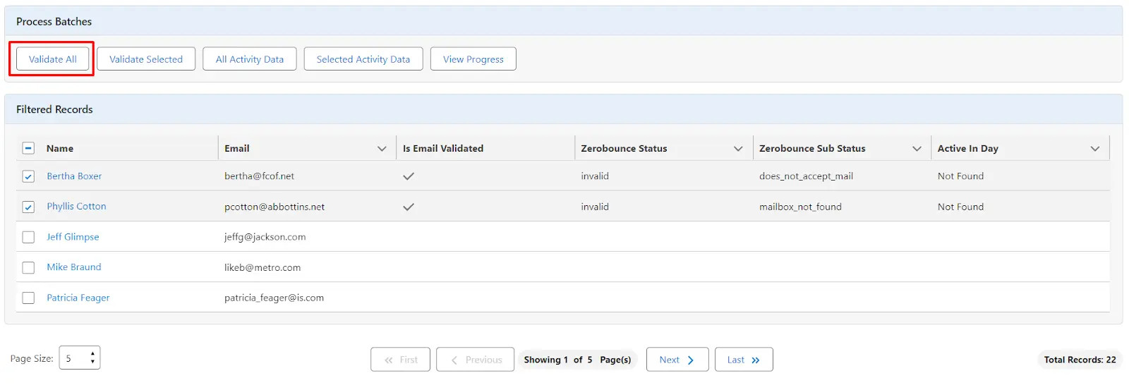 Validate all emails: click 'Validate All' button