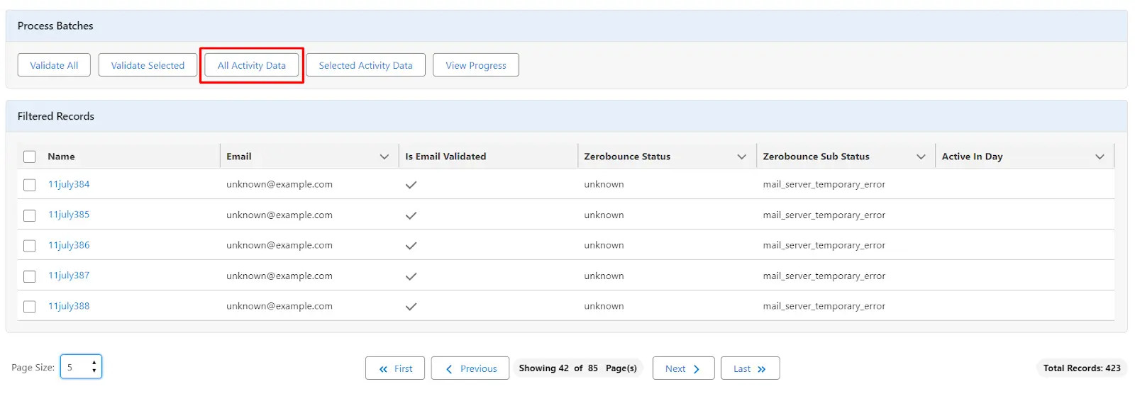 Get activity data for all listed emails: click 'All Activity Data'