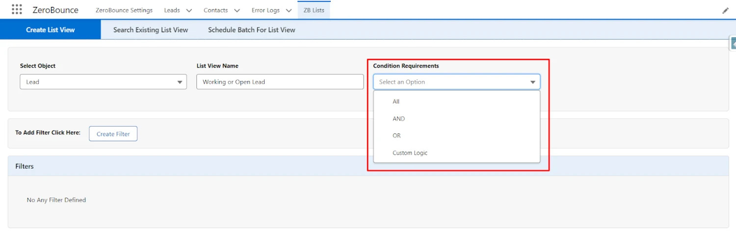Option for specifying custom logic between consecutive filter definitions, exemplified by (1 OR (2 AND 3))