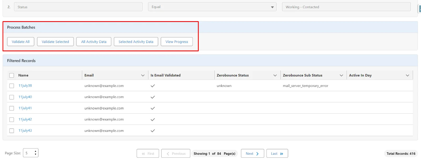 Click 'See Filtered Records' to obtain records based on defined filters, as shown