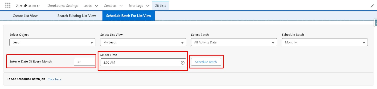 Enter date (1-31), choose time from 'Select Time' dropdown for Monthly scheduling