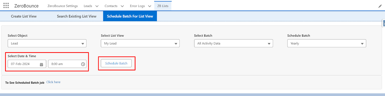 To schedule yearly, specify execution date and time. Choose from date picker and time dropdown, then click 'Schedule Batch' to finalize.