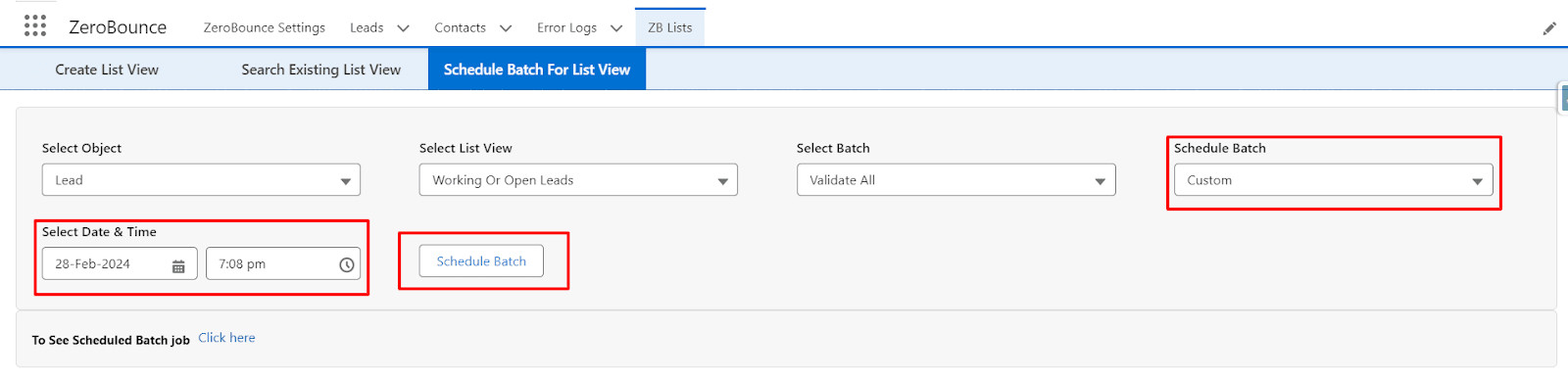 Select date from picker, choose time from dropdown, click 'Schedule Batch' to schedule