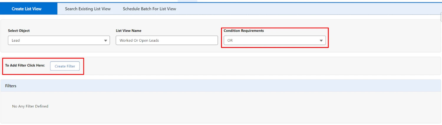 Select 'AND' or 'OR' from the third dropdown menu to signal filter definition via the 'Create Filter' button"