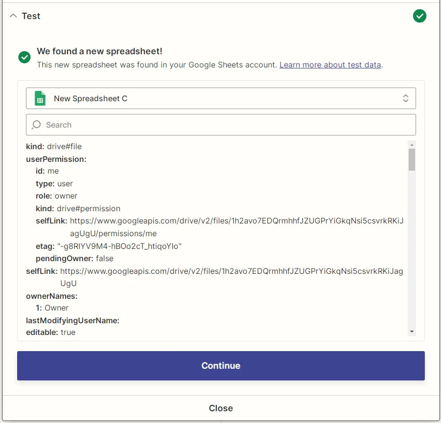 Zapier Google Sheets New Spreadsheet test result screenshot