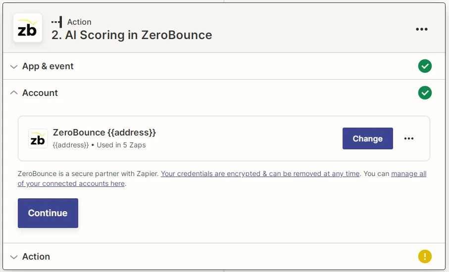 Zapier ZeroBounce connected account screenshot