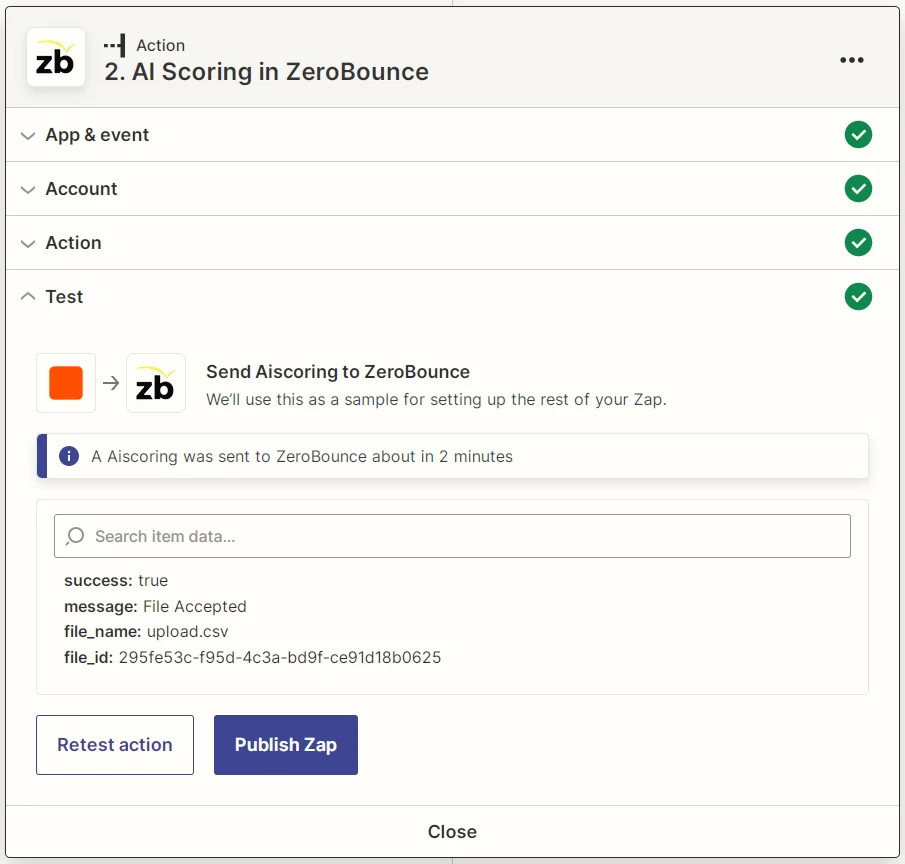 Zapier ZeroBounce AI Scoring test screenshot