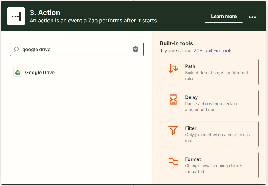 Screenshot of Zapier’s new action tool showing the Google Drive option