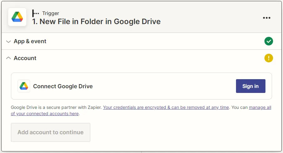 Zapier Google Drive connection request screenshot