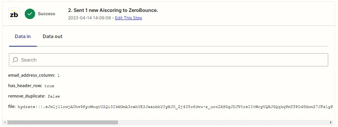 Zapier Zap data screenshot