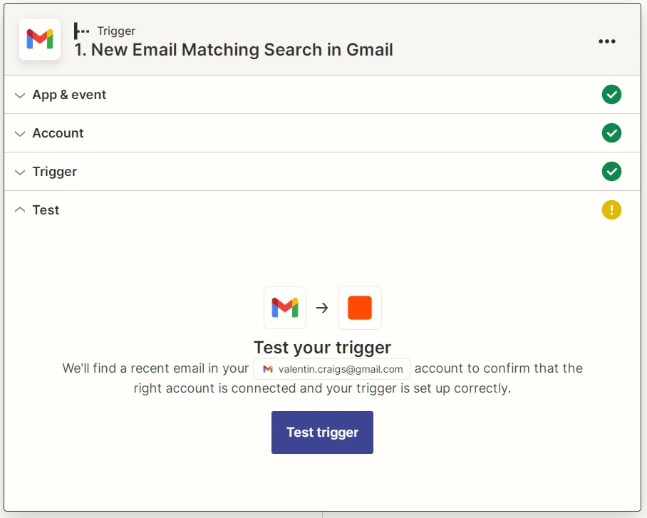Zapier Gmail Test trigger screenshot