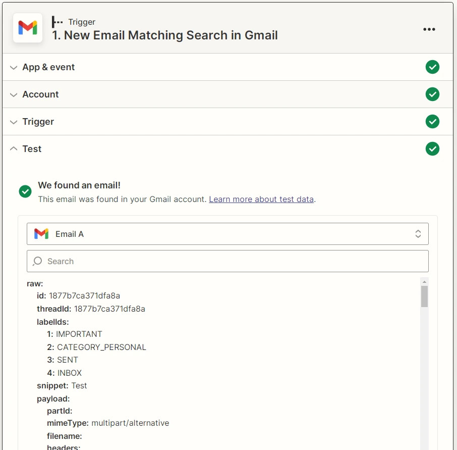 Zapier Gmail trigger test result screenshot