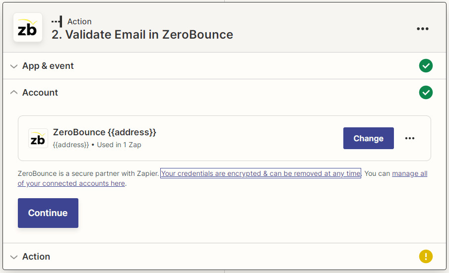 Zapier ZeroBounce connected account screenshot