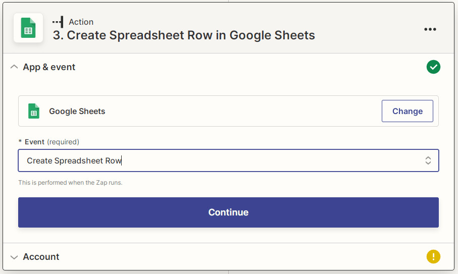 Zapier new Google Sheets event action screenshot