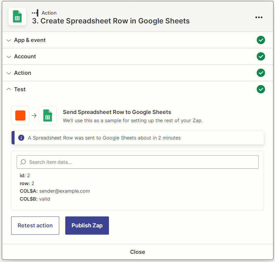 Zapier Google Sheets action test results screenshot