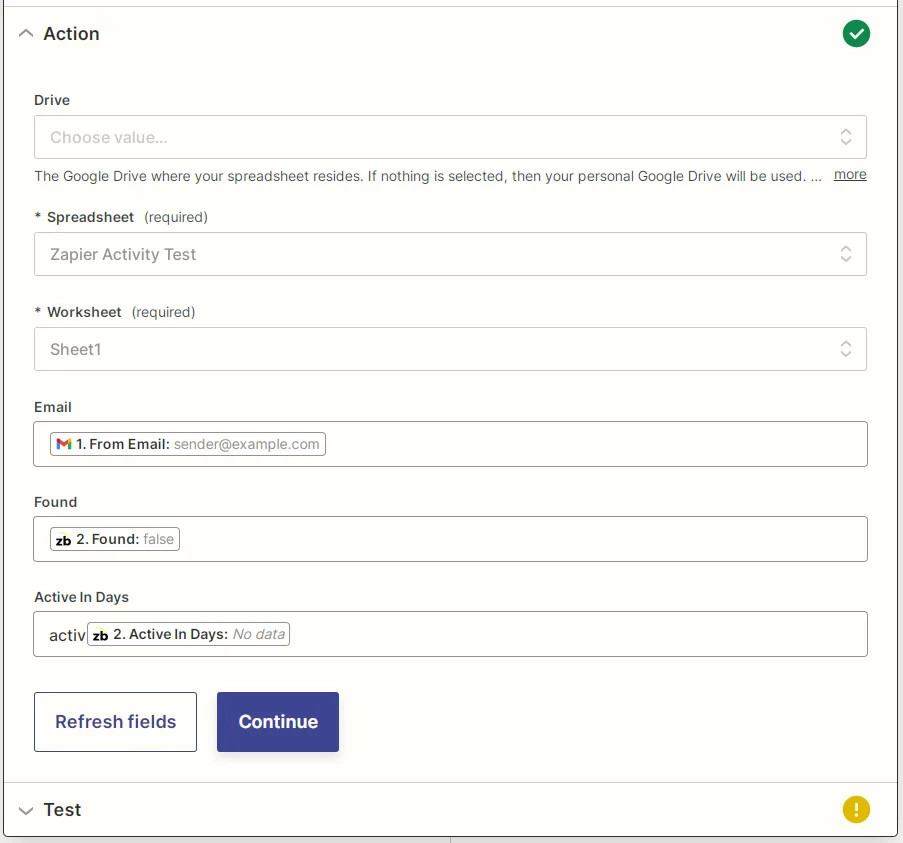 Screenshot showing how to set parameters for your new spreadsheet row using the Zapier integration