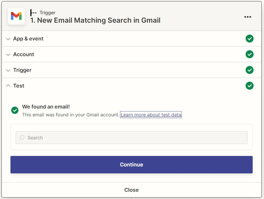 Screenshot of a successful new email matching string test in Zapier
