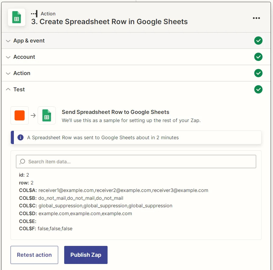 Zapier Google Sheets create new spreadsheet row action test results screenshot
