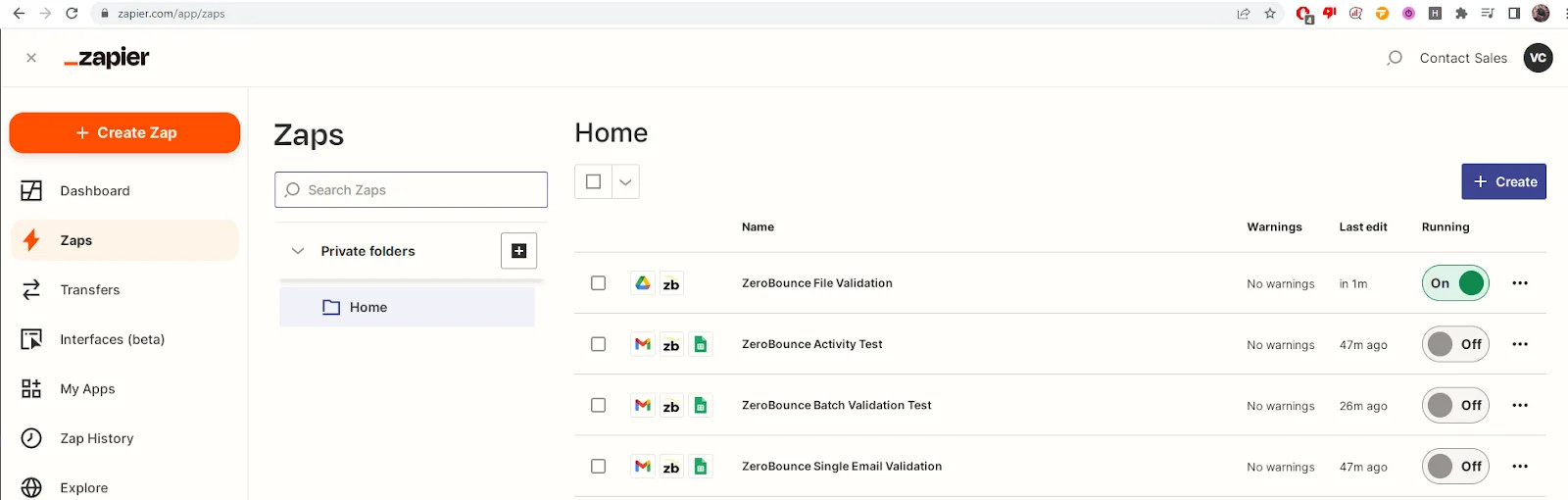 Zapier Zap dashboard screenshot