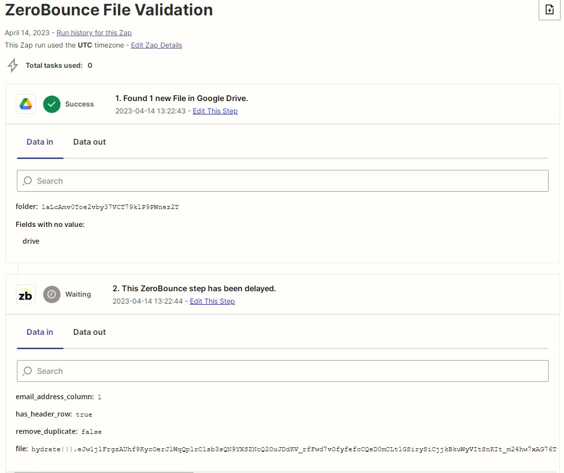 Zapier Zap input data screenshot