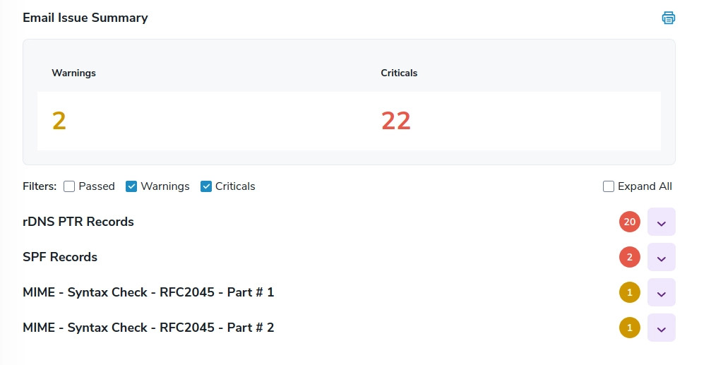 Full tester results showing the warnings and errors found
