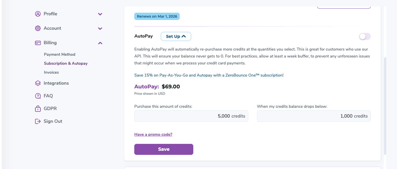Screenshot of ZeroBounce’s Autopay settings