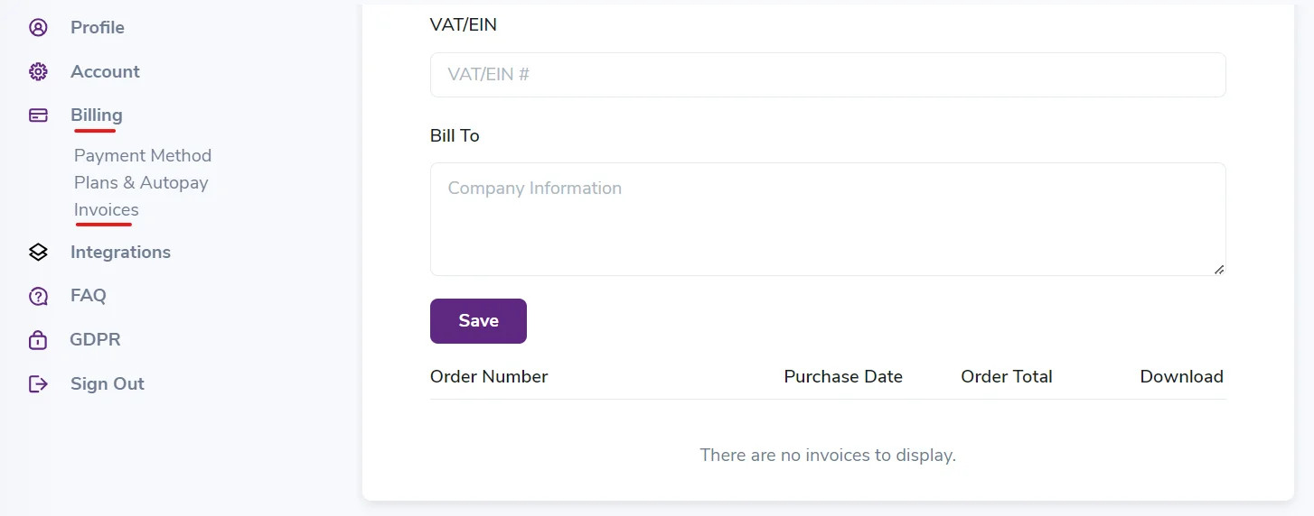 Screenshot of the ZeroBounce billing and invoices section in account settings