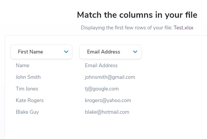 Screenshot of the match columns step when uploading an email list to ZeroBounce’s email validator