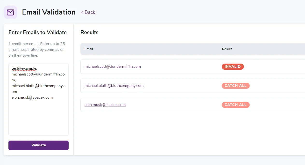 ZeroBounce’s email validator with results for three email addresses entered with text