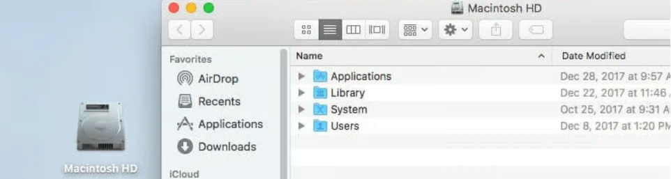 Screenshot of the Macintosh HD drive with an open Finder window holding the contents within
