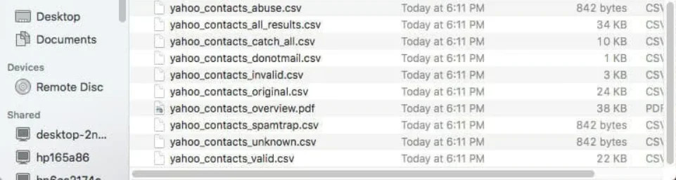 Unzipped ZeroBounce ,[object Object], results file in a Mac OS Finder window