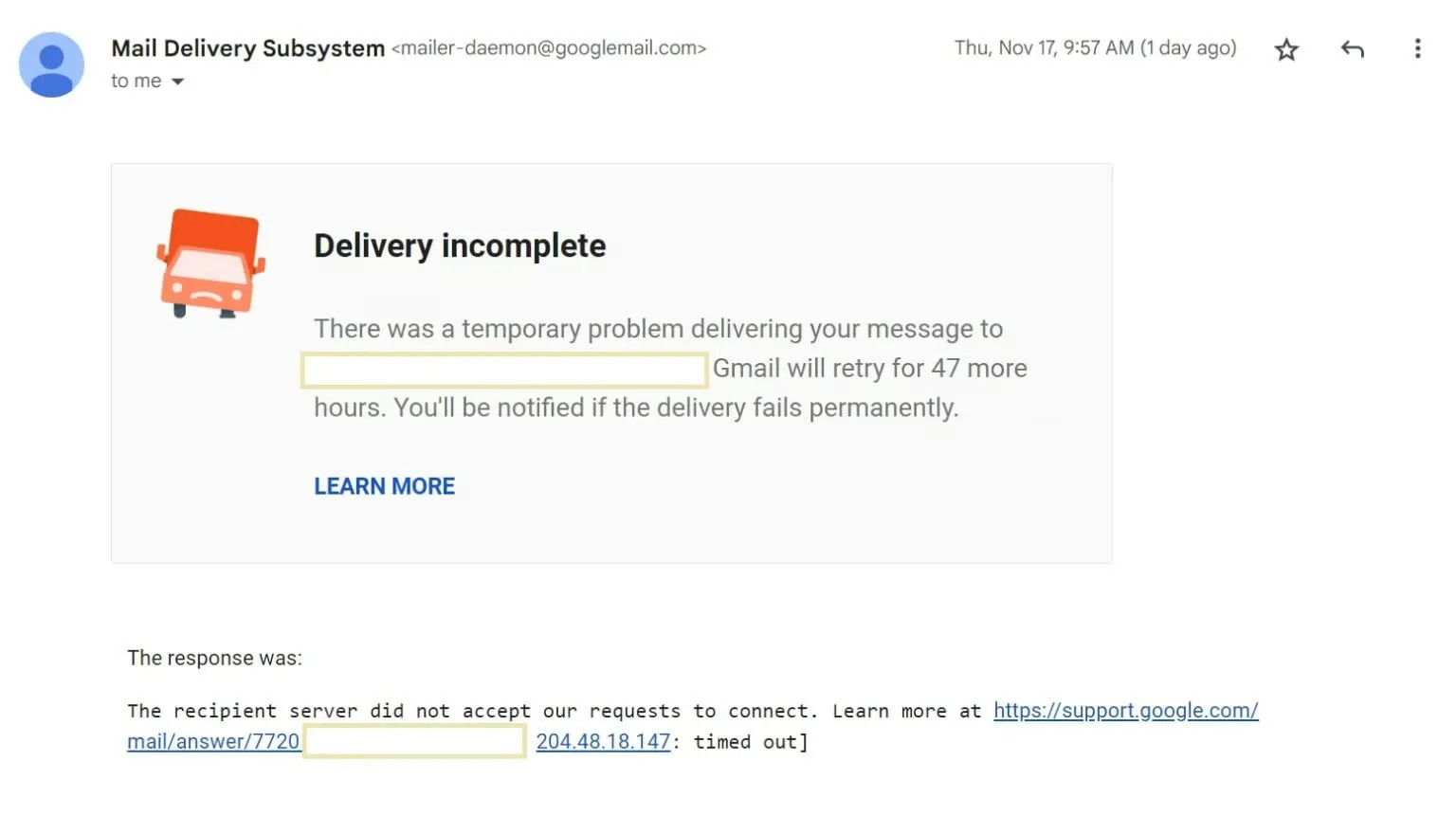 An error message from the Mail Delivery Subsystem that says 'Delivery incomplete.'