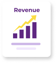 A woman in a white shirt with black stripes looks at a tablet and a rising bar graph titled ‘Revenue.’