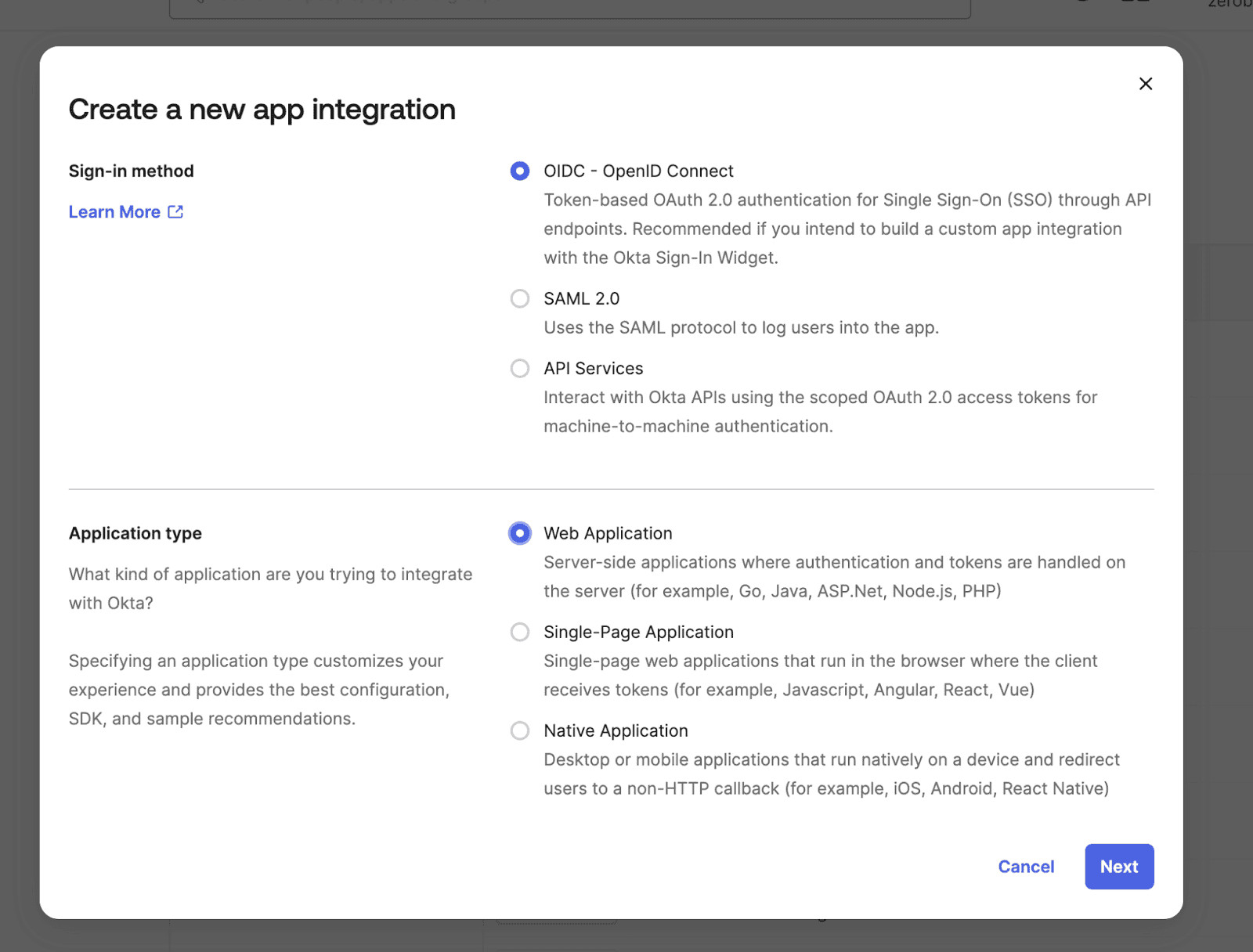 Okta's Create a new app integration menu with OIDC and Web Application selected
