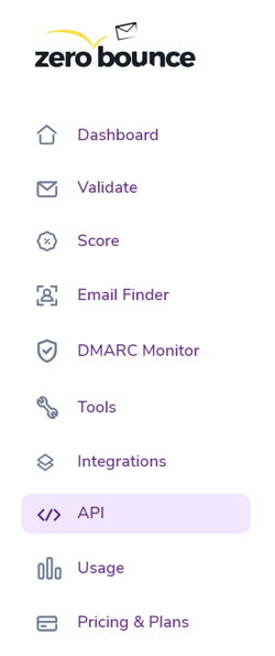 The ZeroBounce dashboard with the API menu highlighted