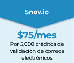 Fondo azul con texto "Snov.io, $75/mes - Precio de Snov.io por 5,000 créditos"