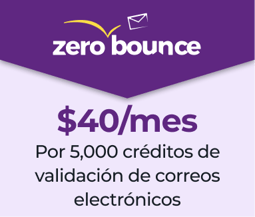 Logotipo de ZeroBounce con $40/mes: precio de ZeroBounce por 5,000 créditos