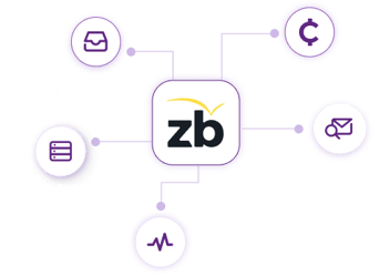 El logotipo de ZeroBounce con una red de gráficos que explican los beneficios gratuitos disponibles con una cuenta gratuita.