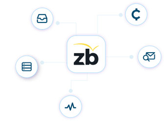 El logotipo de ZeroBounce en el centro con líneas que se ramifican hacia beneficios gratuitos: 1 pruebas de llegada a la casilla de entrada, 1 pruebas del servidor de correo electrónico, 1 monitores de listas negras, 100 créditos de verificación y 10 consultas del buscador de correo electrónico.