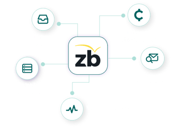 The ZeroBounce logo with a web of graphics reaching out to explain the free benefits available with a free account.