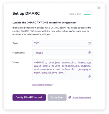 Pantalla "Set up DMARC" del monitor de DMARC de ZeroBounce, que le permite seleccionar el tipo, el nombre de host y el valor.