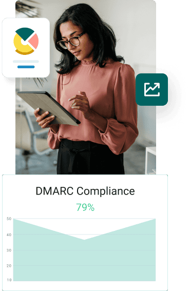 A woman in a red shirt and glasses looks down at a DMARC compliance graph on her laptop which reads 79% compliant.