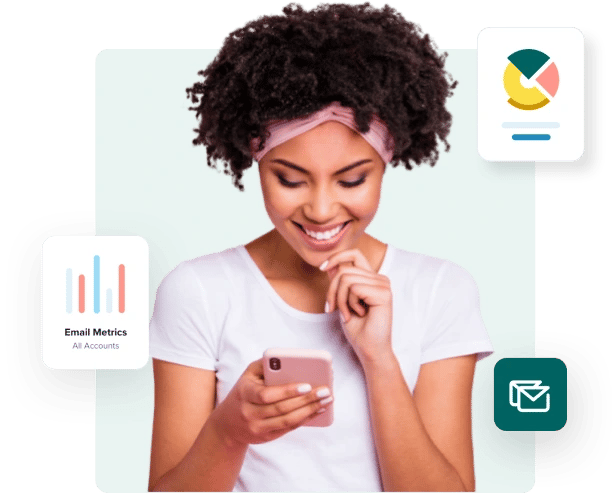 Smiling woman on her phone improves her email list with the free email verifier