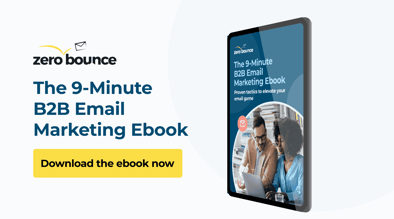 The 9-Minute B2B Email Marketing Ebook on a tablet screen with a button that reads “Download the ebook now.”