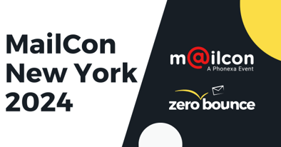 Imagen promocional de MailCon New York 2024 con los logotipos de MailCon y ZeroBounce.