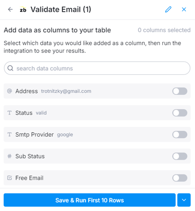 The ZeroBounce Validate Email integration’s column selection screen, including address, status, SMTP, sub-status, and free email