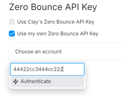 La integración de Clay.com de ZeroBounce con una clave de API de ejemplo y el botón de autenticación debajo de ella